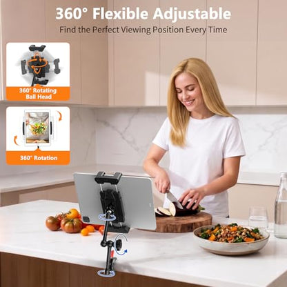 Multi-Scene Universal Tablet Stand, 360° Adjustable Phone Holder for Desk, Metal Crab Clamp with Sturdy Aluminum Arm for 4.7"-13.5" Kindle, iPad Pro/Air/Mini, iPhone, for Stroller Treadmill Golf Cart