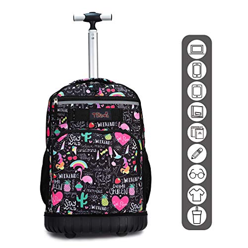 Tilami Rolling Backpack 18 inch Wheeled Backpack School College Student Travel Trip Boys and Girls - color: Ins Black