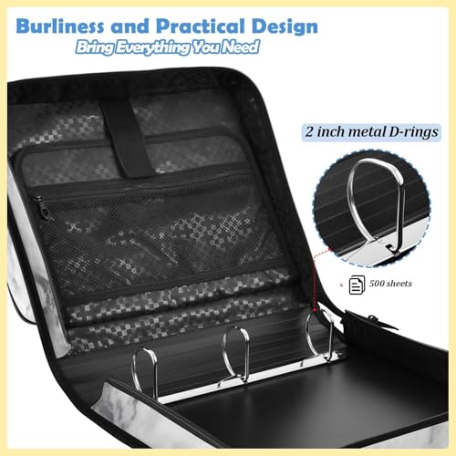 3 Ring Binder Zipper Binders Black-White Marble Pattern Expanding File Folder Multiple Pockets & Storage Organizer