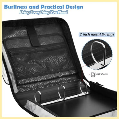 3 Ring Binder Zipper Binders Black-White Marble Pattern Expanding File Folder Multiple Pockets & Storage Organizer