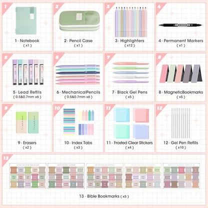 Bible Study Supplies Journaling Kit with Pen Case,12 Pastel Highlighters,5 Black Ink Gel Pens, 6 Mechanical Pencils 0.5 & 0.7mm,Sticky Note Index Tab and So on for bible study - color: Green