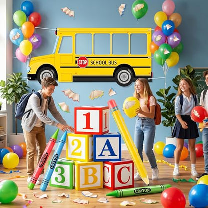 19 Pcs Back to School Decorations Set, School Bus Backdrop, Giant Inflatable Jumbo Crayons & Pencil Balloons, ABC 123 Letter Boxes for First Day of School Kindergarten Preschool Classroom Decor