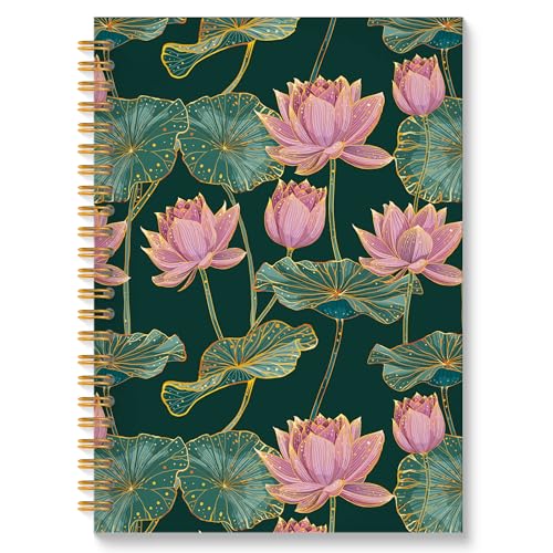 Pink Lotus Flower Spiral Notebook, Dark Green and Gold Lotus Leaves Floral Journal, Vintage Luxury Water Lily Nature Botanical Hardcover Notebook Journal, 5.5x8.3 Inch - color: Style07