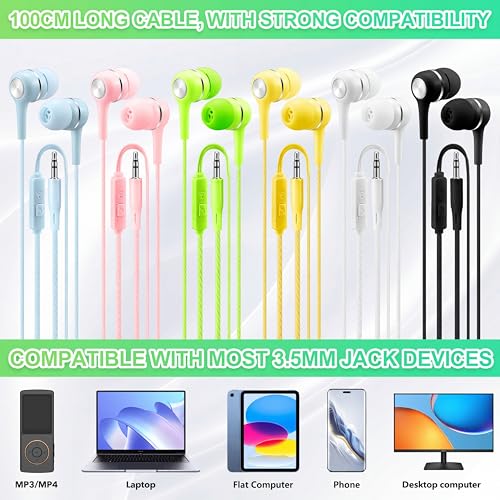 36 Pack Wired Earbuds Bulk School Earbuds with Microphone for Students, 3.5mm Classroom Headphones Compatible with Laptop PC, 6 Mix Colors Earphones for Online Testing, Libraries, Museums