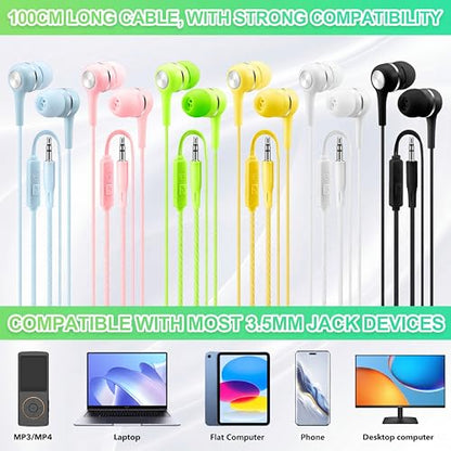36 Pack Wired Earbuds Bulk School Earbuds with Microphone for Students, 3.5mm Classroom Headphones Compatible with Laptop PC, 6 Mix Colors Earphones for Online Testing, Libraries, Museums