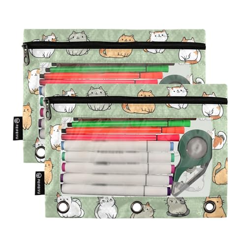 Fustylead Cute Cartoon Cat on Green Background Pencil Pouch with Clear Window for 3 Ring Binders, Zipper Pencil Case Cosmetic Bags for School Office Class Students Supplies, 2PCS - color: Cartoon Cat