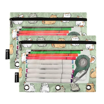 Fustylead Cute Cartoon Cat on Green Background Pencil Pouch with Clear Window for 3 Ring Binders, Zipper Pencil Case Cosmetic Bags for School Office Class Students Supplies, 2PCS - color: Cartoon Cat