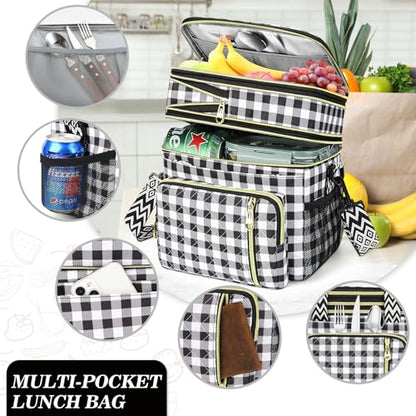 LOKASS Lunch Box for Women-16L-Insulated Lunch Bag Women, Expandable Double-layer Leakproof Cooler Bag with Upgrade Adjustable Shoulder Strap Ideal for Work/Travel/Picnics（Black&White Check） - color: Black&White Check