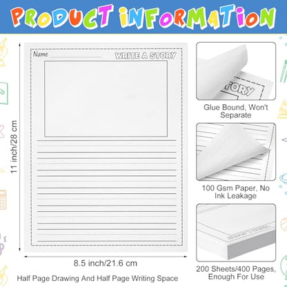 200 Sheets Handwriting Paper for Kid 8.5"x11" Primary Writing Paper Bulk with Picture Space and Lines DIY Craft Writing Kit for Kids Journal Activity Kindergarten Write Story Back to School Supplies