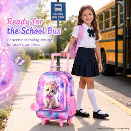 gxtvo Girls Rolling Backpack, Cute Cat Roller Wheels Kids Bookbag - Wheeled Elementary School Bag - 3PCS Cat - color: Dr.cat Rolling Set