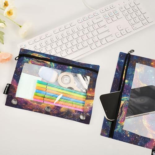 Galaxy T. Rex Binder Pouches 3 Ring for Boys Girls School Office College Supplies Anime Dinosaur Tyrannosaurus Dragon Pencil Pouches Case Bag with Clear Window and Zipper 2 Pack - color: T. Rex