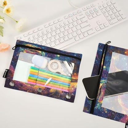Galaxy T. Rex Binder Pouches 3 Ring for Boys Girls School Office College Supplies Anime Dinosaur Tyrannosaurus Dragon Pencil Pouches Case Bag with Clear Window and Zipper 2 Pack - color: T. Rex