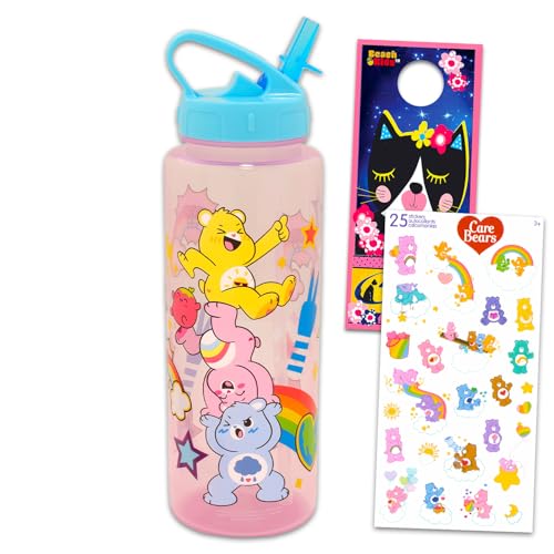 Care Bears Reusable Water Bottle Set - Bundle Plastic 30oz Water Bottle with Spout for Home, School, Sports, Plus Sticker, More Container