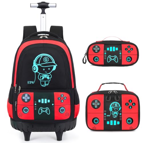 Bevalsa Rolling Backpack for Boys,Cool Luminous Gamer Roller School Backpacks with Lunch Box & Pencil Case,Kids Wheeled Schoolbag Bookbag with Wheels for Kindergarten Elementary School Travel - color: Red