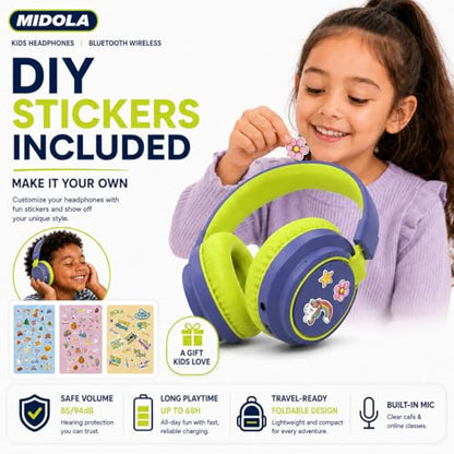 MIDOLA Kids Bluetooth Headphones 68H Play Time,Volume Limit 85/94dB, Foldable Lightweight Wireless Over-Ear Headphone for Toddler Kid Child Pad,Headsets with Aux Built-in Mic Deepblue - color: DeepBlueSky