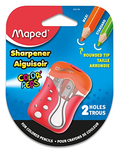 Maped Color'Peps 2 Hole Pencil Sharpener - Perfect for Colored Pencils - Child-Safe, Mess-Free, Universal Design - Assorted Colors | Child-Safe for Kids - Mess-Free Art Supplies - Universal Design for School and Drawing - Easy Empty Shavings Receptacle -