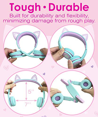 FosPower Kids Headphones with LED Cat Ears (85dB Safe Volume Limit), 3.5mm Soft On-Ear Wired Headphones with Tangle-Free Laced Cables for iPad/Tablet/School/Travel - Teal/Light Purple | FosPower Wired 0.3 cm Kids Headphones with LED Cat Ears - Green - col