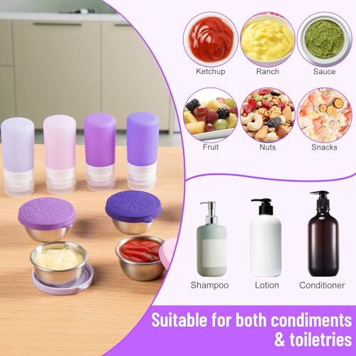 MICEBAY 8-Pack Salad Dressing Container To Go, 2-oz Silicone Small Condiment Squeeze Bottles and 1.6 oz Stainless Steel Sauce Containers Cups, Leakproof Condiment Containers with Lids for Lunch Box - color: Purple, size: 2-oz