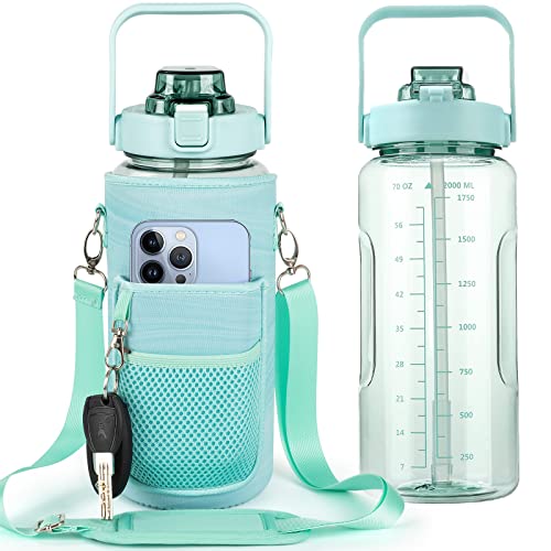 Half Gallon Water Bottle with Sleeve, 64OZ Motivational Water Bottle | Water Jug with Straw, Time Marker, BPA Free, Leakproof, Gym Water Bottle for Sport Workout - color: Green