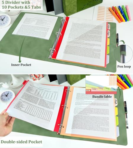 3 Ring Binder 1 Inch, Leather Binders with Clipboards, KLLVE Three Ring Binder with 10 Pocket Divider(Green, Letter Size) - color: Green