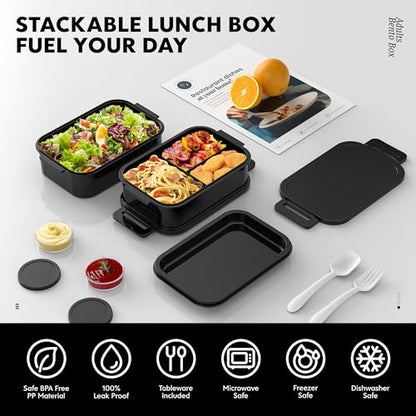 Jelife Adult Bento Box Lunch Box - Large Style Stackable Bento Lunch Box for Adults, 72oz All-in-One 3 Layers Bento Boxes Leak-Proof Lunchbox with Utensil Sauce Containers for Dining Out,Work, Black - color: Black