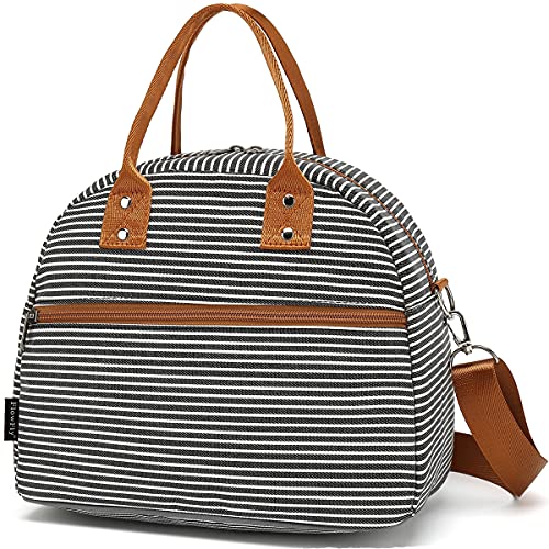 FlowFly Insulated Lunch Bag With Shoulder Strap for Women, Men, and Kids, Large and Reusable, Handle, Freezable Work and School Travel Tote and Meal Prep Organizer,White and Black Stripes - color: White and Black Stripes