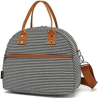 FlowFly Insulated Lunch Bag With Shoulder Strap for Women, Men, and Kids, Large and Reusable, Handle, Freezable Work and School Travel Tote and Meal Prep Organizer,White and Black Stripes - color: White and Black Stripes