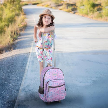 Tilami Rolling Backpack for Kids 18 Inch Double Handle Wheeled Bookbag for Boys & Girls for School & Travel,Pink shell - color: Pink Shell
