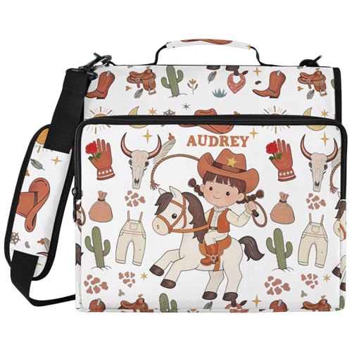Cute Cowgirl Wild West Orange 3 Ring Zipper Binder Bag with Strap, Personalized Name Trapper Keeper Binder - 2" Binder with Pockets Holds 500 Sheets, Laptop & More - Durable & Easy to Carry - color: Option H