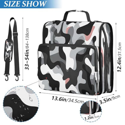 Black and White Camouflage Zipper Binder 3 Ring with Shoulder Strap and Handle Multiple Pockets Expanding File Folder Organizer