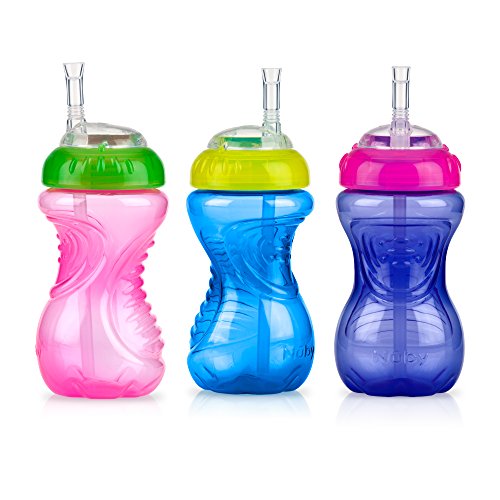 Nuby No-Spill Soft Straw Easy Grip Sippy Cup for Girls - (3-Pack) 10 Oz - 12+ Months - color: Pink, Purple, & Blue
