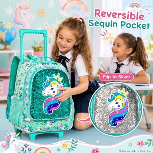 gxtvo Rolling Backpack for Girls, Kids Roller Wheels Bookbag - Roller Elementary Sequin School Bag - 3PCS Unicorn Green