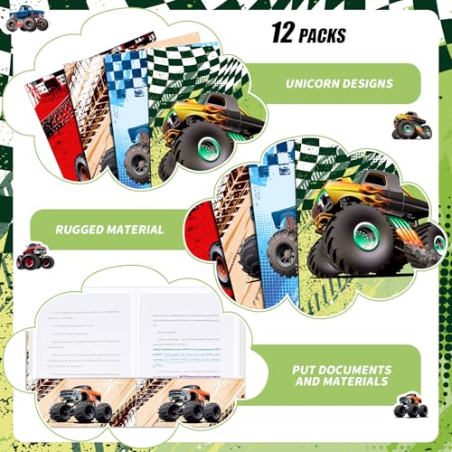 Kosiz 12 Pcs 9x12 Truck 2 Pocket Folder for Boy Cute Back to School Take Home File Bulk Kid Student Homework Paper File Folder for School Classrwork Office Home Classroom Teacher Business Party Supply - style: Trucks