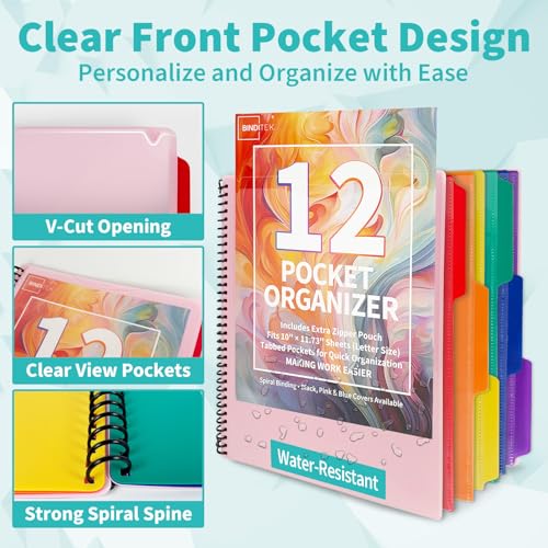 Binditek 12-Pocket Poly Project Organizer, 6 Dividers, Pink | Multi Pocket Folder, Heavyweight Poly Cover, Clear Front Pocket, 1/3-Cut Tabs, Fixed Zipper Pouch, Letter Size - color: Pink