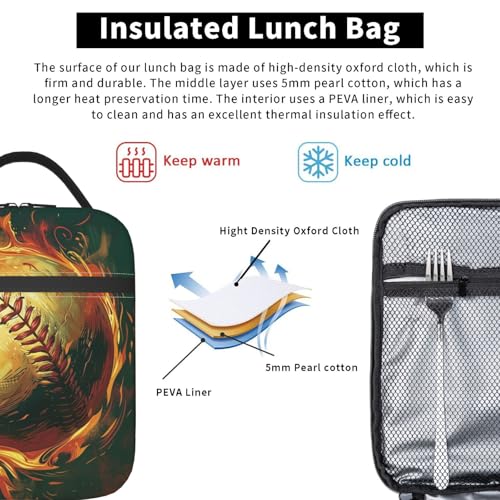 Baseball Lunch Box for Kids Aldults, Cool Sport Style Reusable Thermal Insulation Cooler Tote Bags, Flaming Fire Ball Insulated Bag for Student, School Picnic Camping Travel, Gifts - color: Baseball01