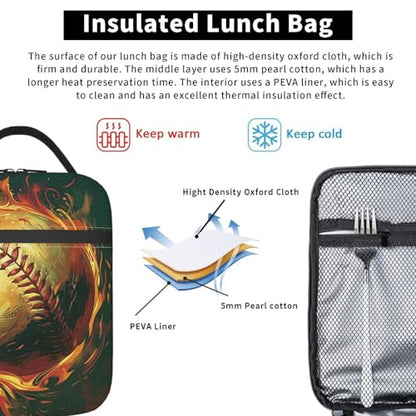 Baseball Lunch Box for Kids Aldults, Cool Sport Style Reusable Thermal Insulation Cooler Tote Bags, Flaming Fire Ball Insulated Bag for Student, School Picnic Camping Travel, Gifts - color: Baseball01