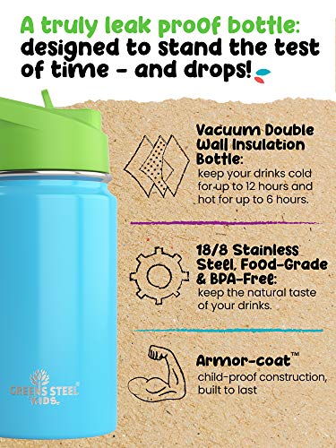 Kids Water Bottle - 12oz Blue | Leak Proof With Straw & Handle | 24 Hours Cold | Insulated, Double Wall Stainless Steel | Easy Sip Toddler Cup | Child's Flask | Eco Friendly - color: Blue