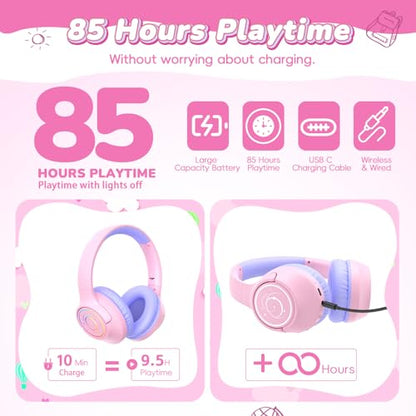 Kids Bluetooth Headphones, 85H Playtime Wireless Headphones for Kids, Colorful LED Lights, 85/94dB Safe Volume Limit, Bluetooth 5.4 Built-in Mic Toddler Headset for Tablet/Airplane/Travel (Pink) - color: Pink
