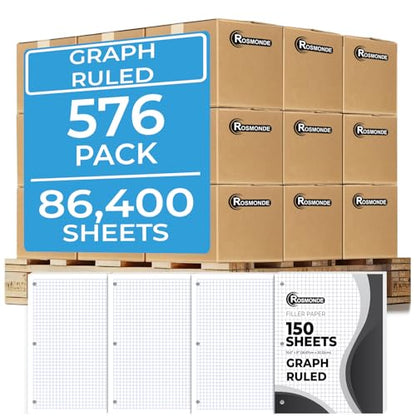 Rosmonde Graph Paper Bulk, 576 Pack(Pallet), 86400 Sheets, 4x4, Pallet of Loose Leaf Paper, 8" x 10.5", Bulk Graphing Paper, Grid Papers, 3 Hole Punched for Binders, Quad Ruled Paper, 4-7 Days Transit - size: Express Pallet (86K Sheets)