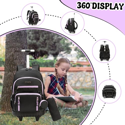 Meetbelify Rolling Backpack for Girls Boys Backpacks with Wheels Kids Carry on Luggage for Girls Boys - color: Girl Black Purple