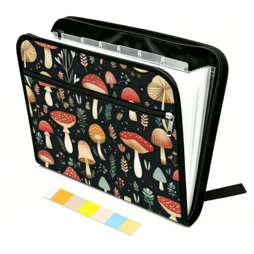 WEBEEDY Cute Mushroom Leaves Expanding File Folder 13 Pockets Accordion Folders Document Organiser with 12 Color Labels and Zipper, Portable Expandable File Folder for Photo Letter Receipt, A4 Size