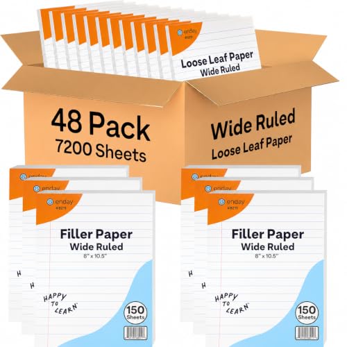 Loose Leaf Paper Bulk, 7200 Sheets, Wide Ruled, (48 Pack) 150 Sheets Per Pack, 8" x 10.5" White Filler Paper, 3 Hole Punched Binder Paper for 3 Ring Binders, Notebook Paper - By Enday - size: 48 Pack