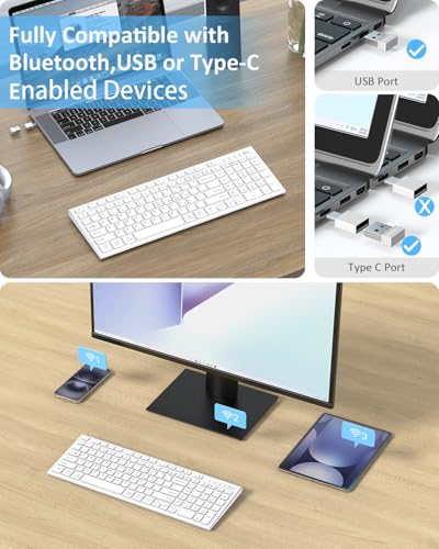FENIFOX Wireless Keyboard, Bluetooth & 2.4G USB & USB-C Rechargeable Silent Ultra Quiet Low Profile Compact Full Size with Number Pad Soft Multi Device for Mac MacBook Windows PC - White - color: White