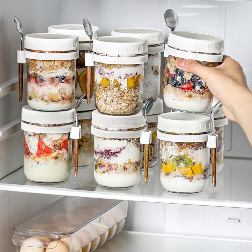 LANDNEOO 4 Pack Overnight Oats Containers with Lids and Spoons, 16 oz Glass Mason Jars with Airtight Lids, Overnight Oats Jars for Milk, Cereal, Fruit-White - color: White