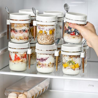 LANDNEOO 4 Pack Overnight Oats Containers with Lids and Spoons, 16 oz Glass Mason Jars with Airtight Lids, Overnight Oats Jars for Milk, Cereal, Fruit-White - color: White