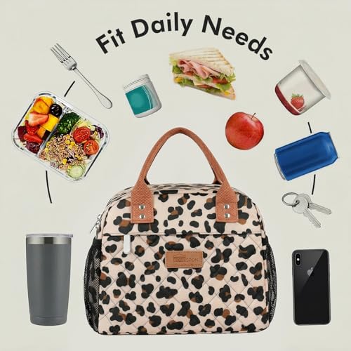 HOMESPON Insulated Lunch Bag for Women Men, Cooler Tote Box, Beige Leopard | Front Pocket, Side Mesh Pockets, Reusable, for Work, Picnic, Food Container - color: Leopard Print