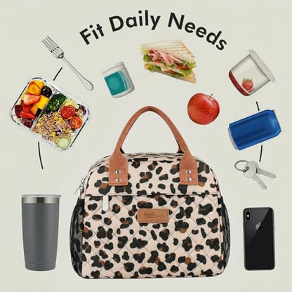HOMESPON Insulated Lunch Bag for Women Men, Cooler Tote Box, Beige Leopard | Front Pocket, Side Mesh Pockets, Reusable, for Work, Picnic, Food Container - color: Leopard Print