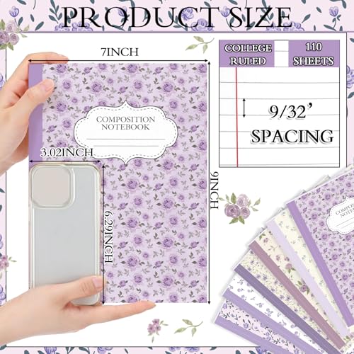 MotiMind 6 Pcs Purple Flower Composition Notebook College Ruled Back to School Wildflower Pretty Wide Ruled Composition Book 110 Page 7-1/2" x 9-3/4" Aesthetic Journal Gift for Teacher Class Office - style: Purple