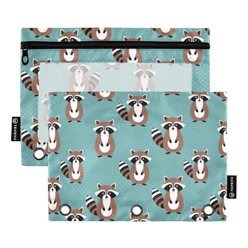 Emelivor Raccoon Teal Pencil Pouch for 3 Ring Binder 2 Pack Binder Pencil Case with Clear Window Pencils Bags with Zipper for Storing College Office Supplies - color: 28-Raccoon Teal