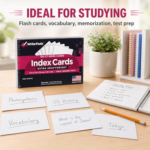 Heavyweight 3x5 Index Cards, Extra Thick Note Cards, Front Lined Back Blank Flash Cards, 110lb / 200gsm / 10pt Cardstock, 100 Sheets, Made in USA, for Studying, Classroom, Office Notes & Organization - color: White 3X5-100 Sheets Heavyweight